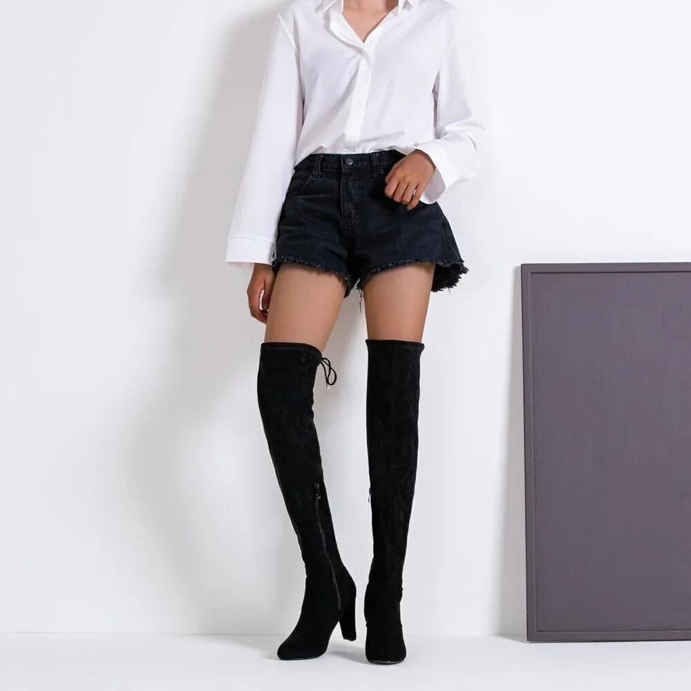 Women’s Black-knee High Suede Fashion Pointed Toe Thigh High Over The Knee Boots